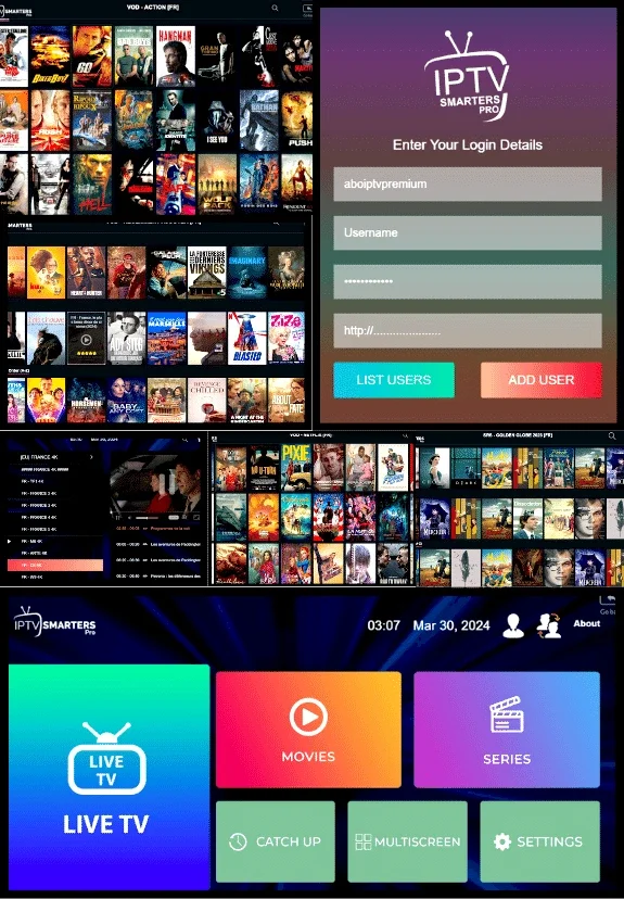 Interface de l'application IPTV Smarters Pro sur smart TV, mobile et Fire Stick